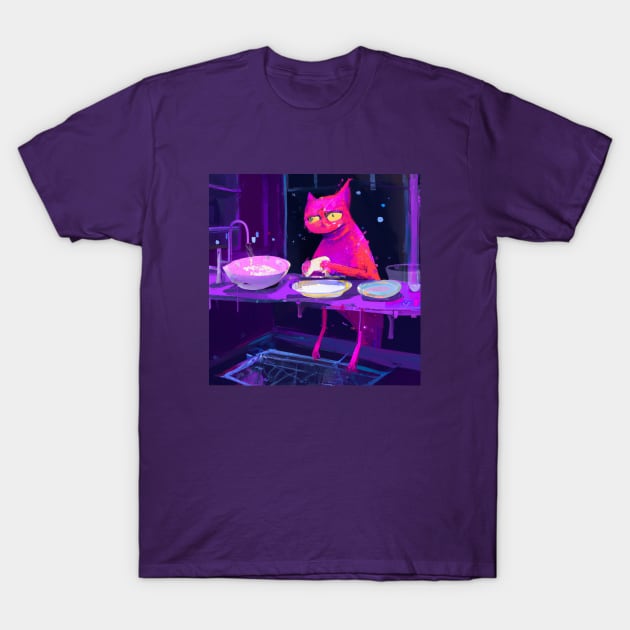 Pink Cat Creature Washes Dishes After a Long Night T-Shirt by Star Scrunch